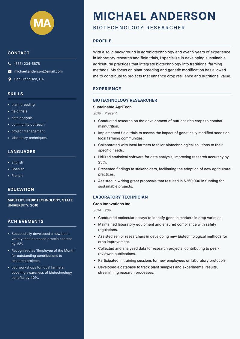 Agrobiotechnology Researcher resume sample — Biotechnology Researcher focus