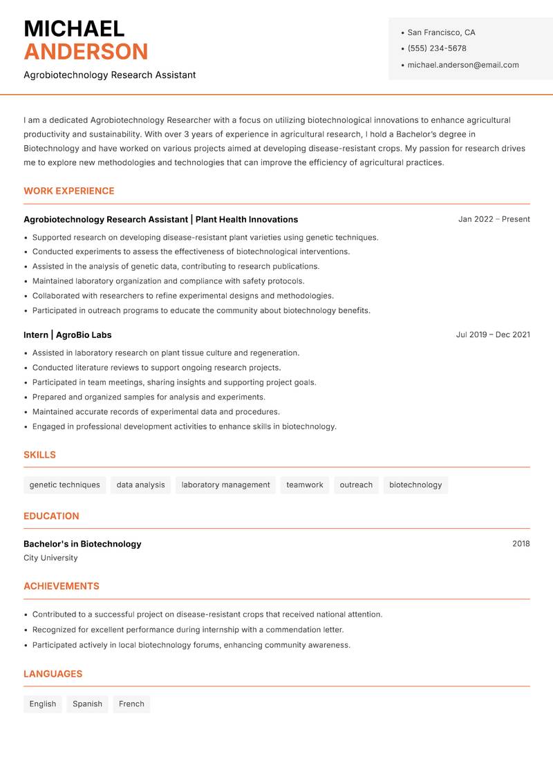 Agrobiotechnology Researcher resume sample — Agrobiotechnology Research Assistant focus