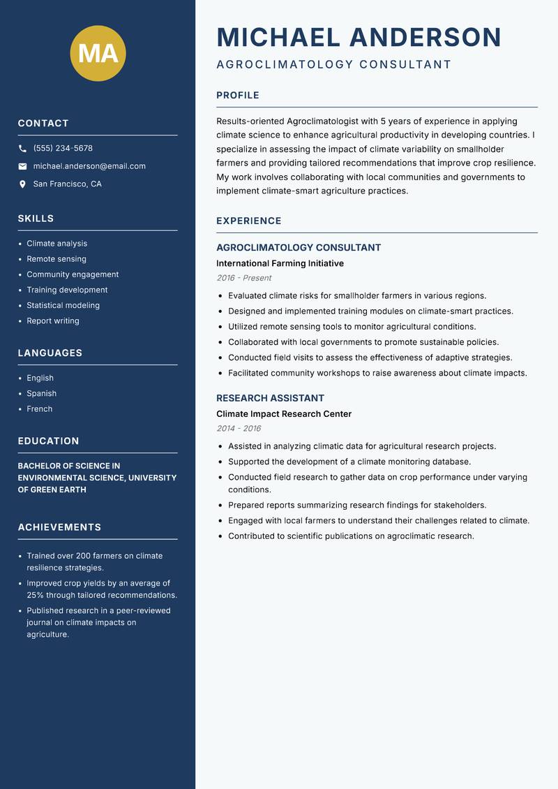 Agroclimatologist resume sample — Agroclimatology Consultant focus