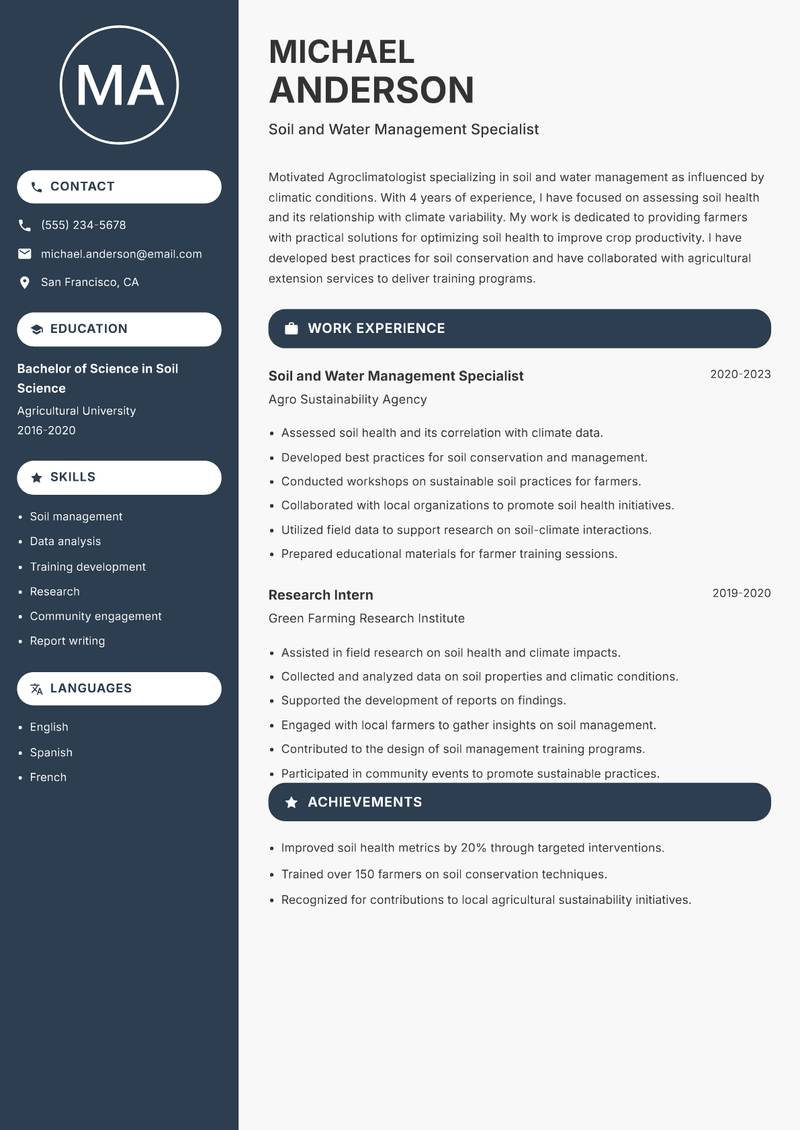 Agroclimatologist resume sample — Soil and Water Management Specialist focus