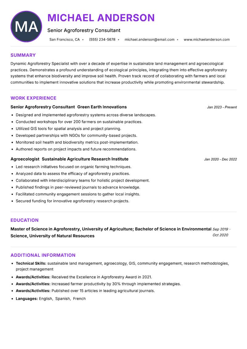 Agroforestry Specialist resume example