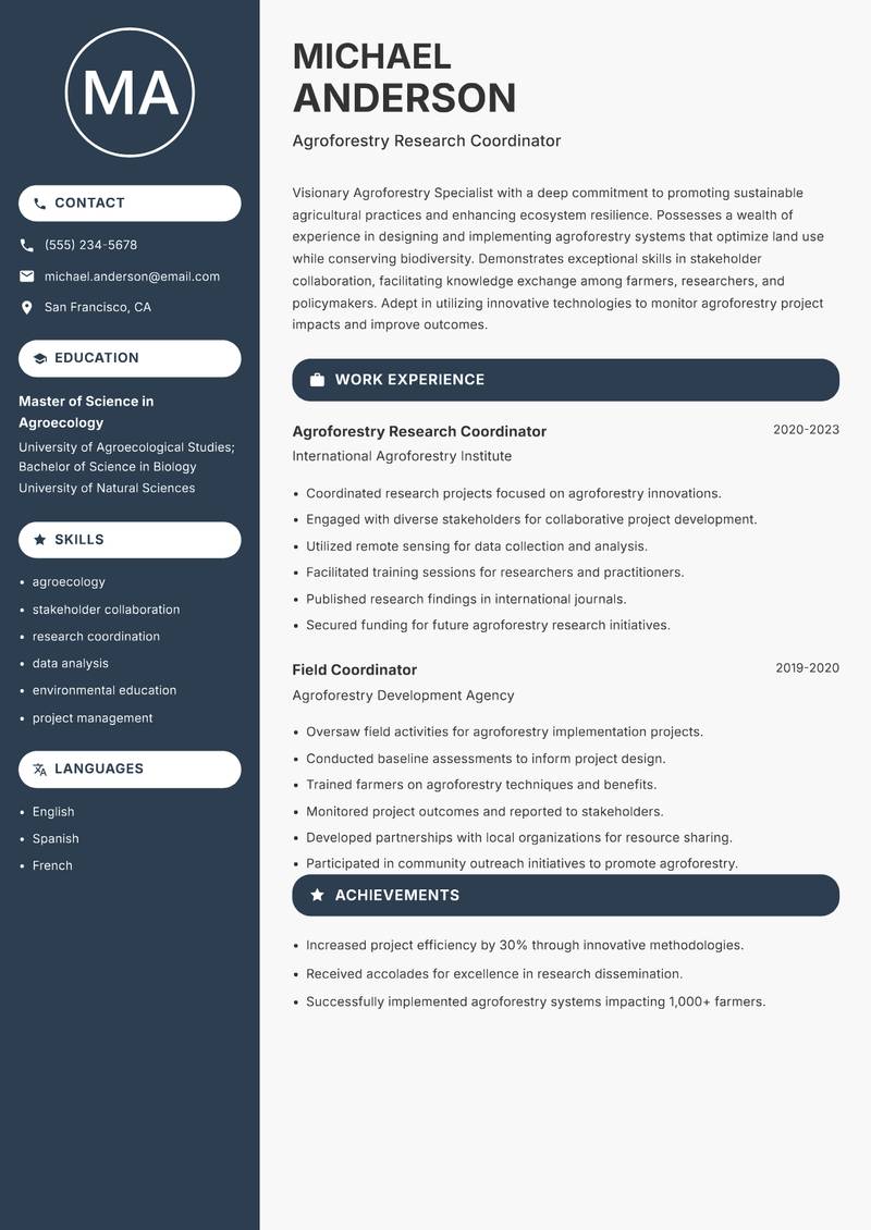Agroforestry Specialist resume sample — Agroforestry Research Coordinator focus