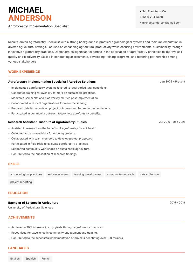 Agroforestry Specialist resume sample — Agroforestry Implementation Specialist focus