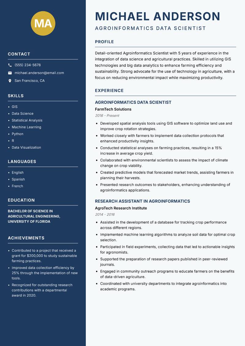 Agroinformatics Scientist resume sample — Agroinformatics Data Scientist focus
