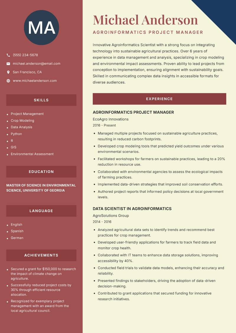 Agroinformatics Scientist resume sample — Agroinformatics Project Manager focus