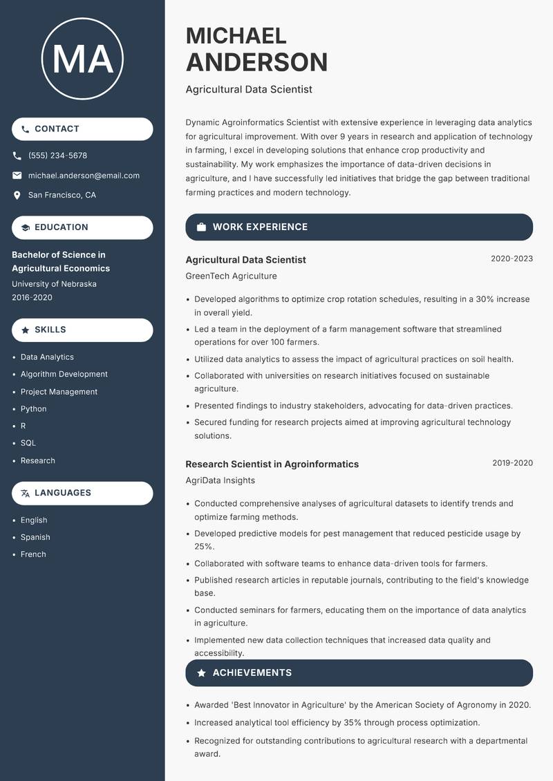 Agroinformatics Scientist resume sample — Agricultural Data Scientist focus