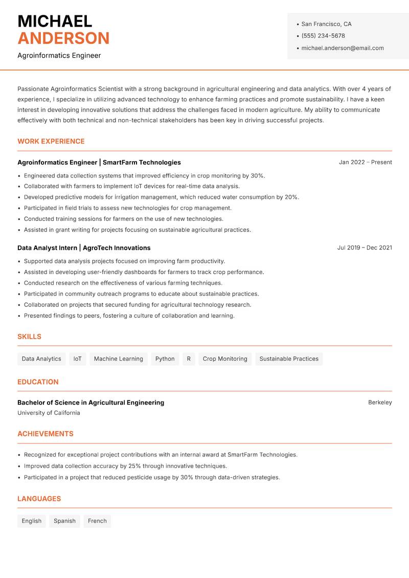 Agroinformatics Scientist resume sample — Agroinformatics Engineer focus