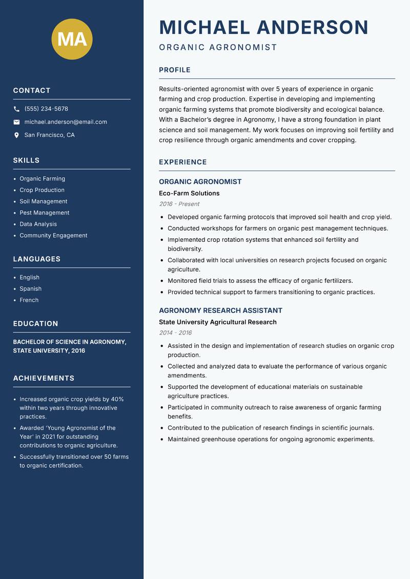 Agronomist resume sample — Organic Agronomist focus