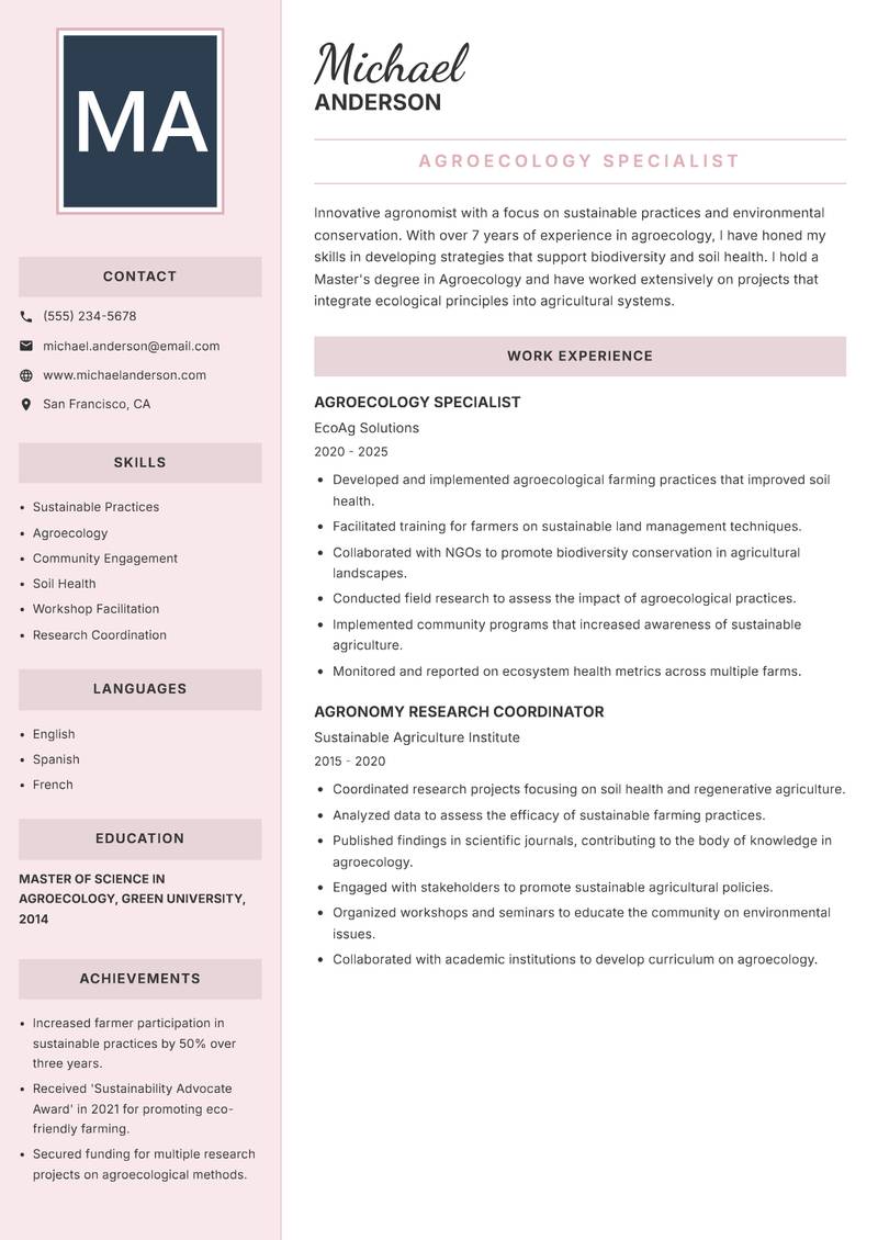 Agronomist resume sample — Agroecology Specialist focus