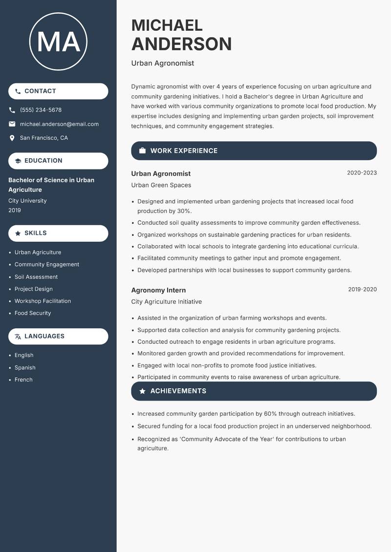 Agronomist resume sample — Urban Agronomist focus