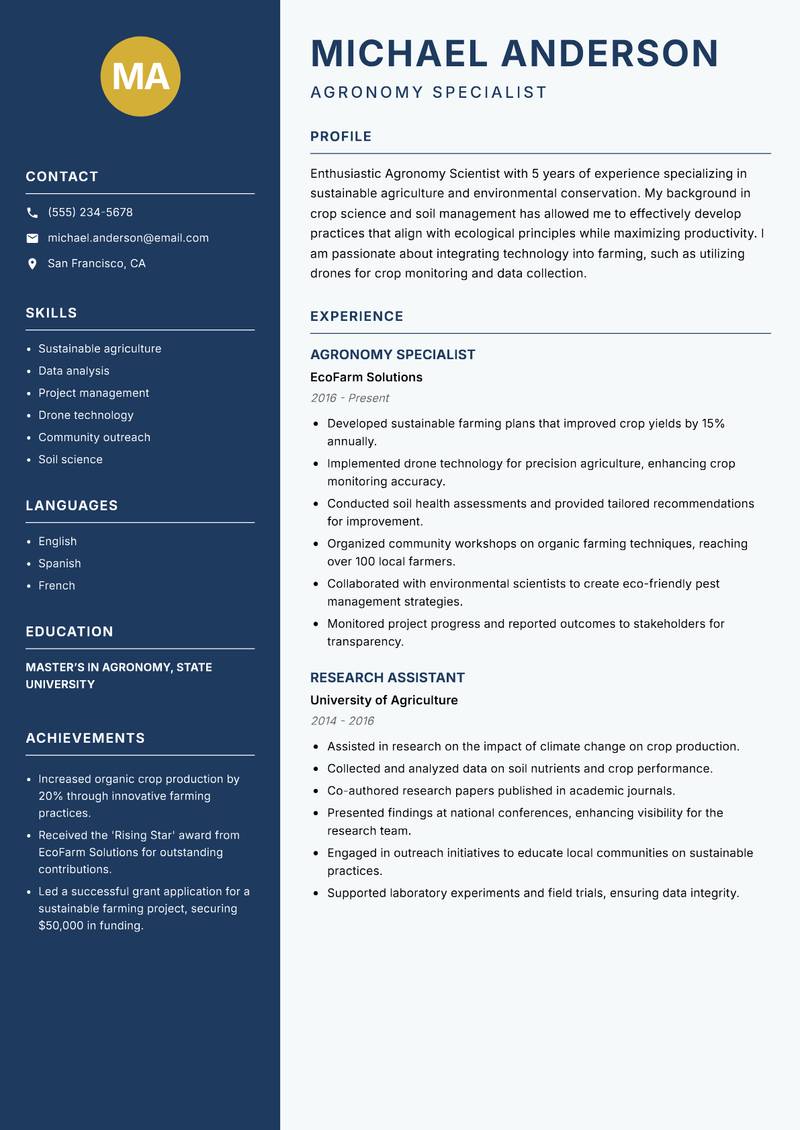 Agronomy Scientist resume sample — Agronomy Specialist focus