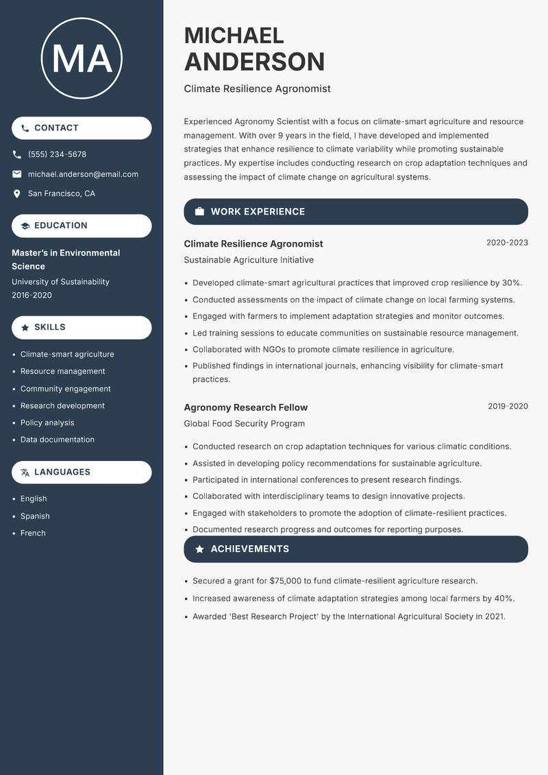 Agronomy Scientist resume sample — Climate Resilience Agronomist focus