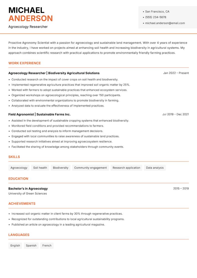 Agronomy Scientist resume sample — Agroecology Researcher focus