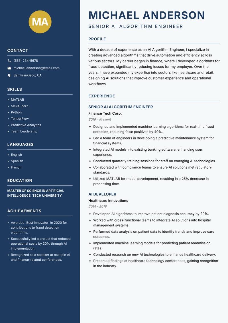 AI Algorithm Engineer resume sample — Senior AI Algorithm Engineer focus