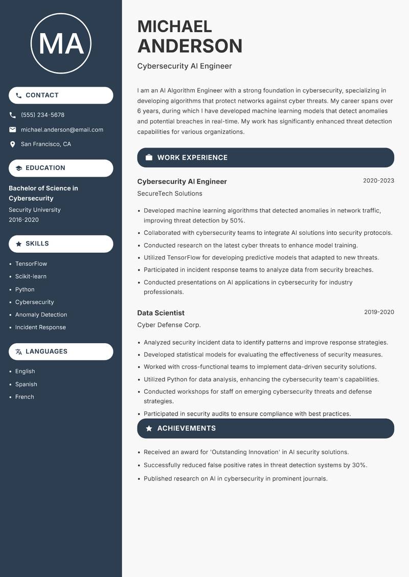 AI Algorithm Engineer resume sample — Cybersecurity AI Engineer focus