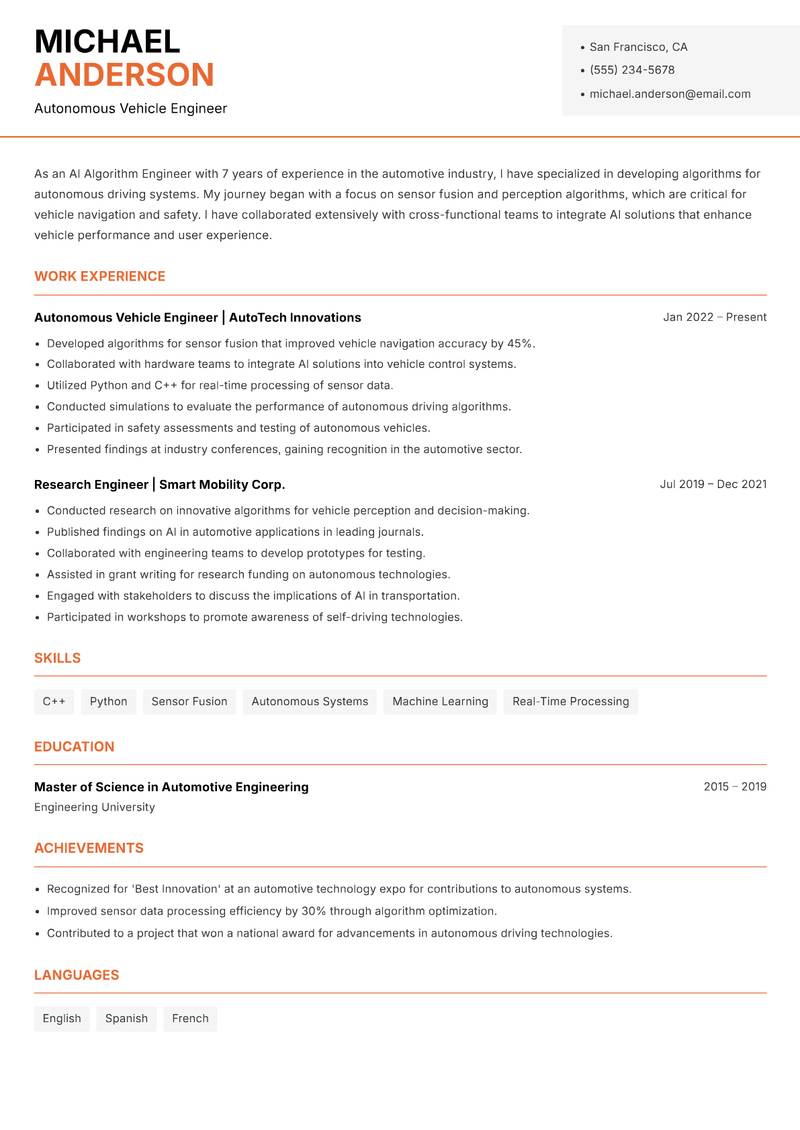 AI Algorithm Engineer resume sample — Autonomous Vehicle Engineer focus
