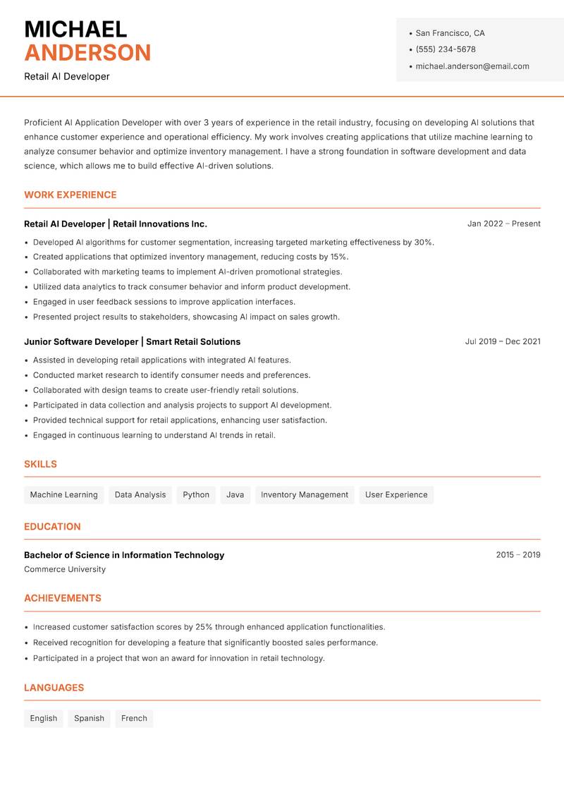 AI Application Developer resume sample — Retail AI Developer focus