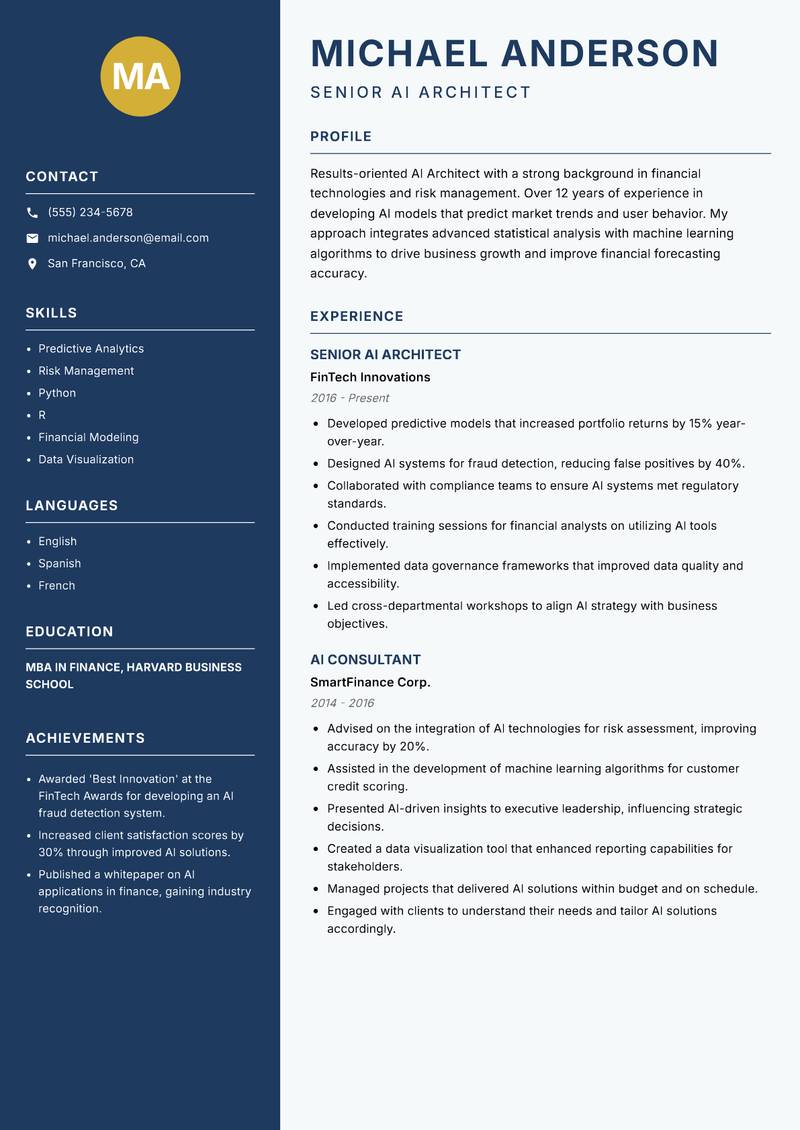 AI Architect resume sample — Senior AI Architect focus
