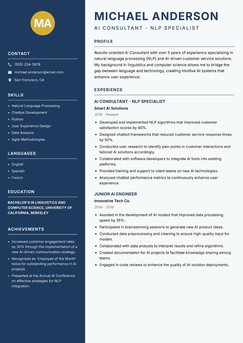 AI Consultant resume sample — AI Consultant - NLP Specialist focus