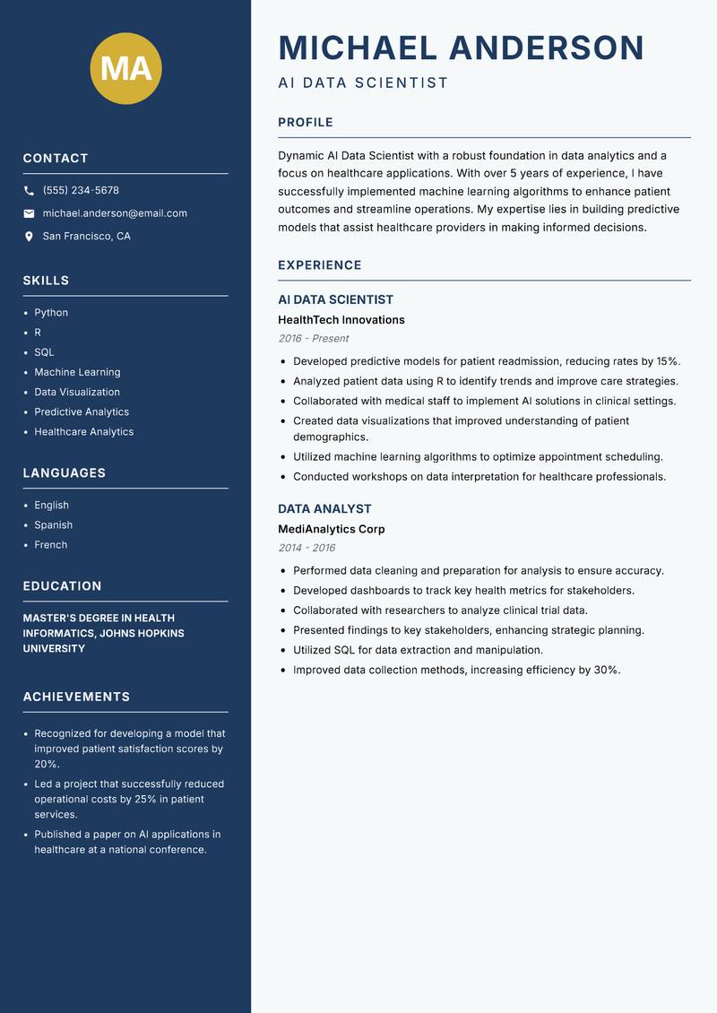 AI Data Scientist resume sample — AI Data Scientist focus