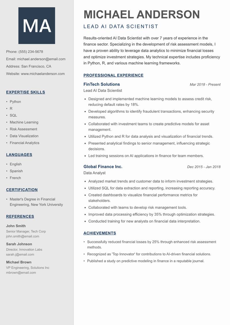 AI Data Scientist resume sample — Lead AI Data Scientist focus