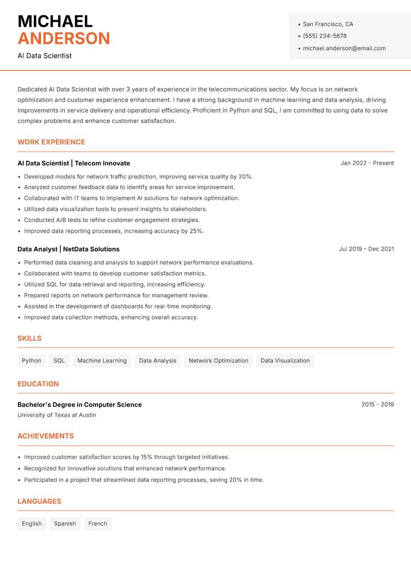 AI Data Scientist resume sample — AI Data Scientist focus