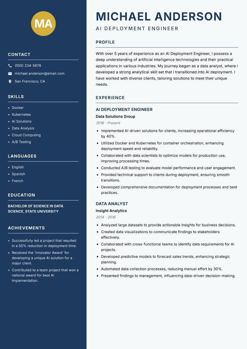 AI Deployment Engineer resume sample — AI Deployment Engineer focus