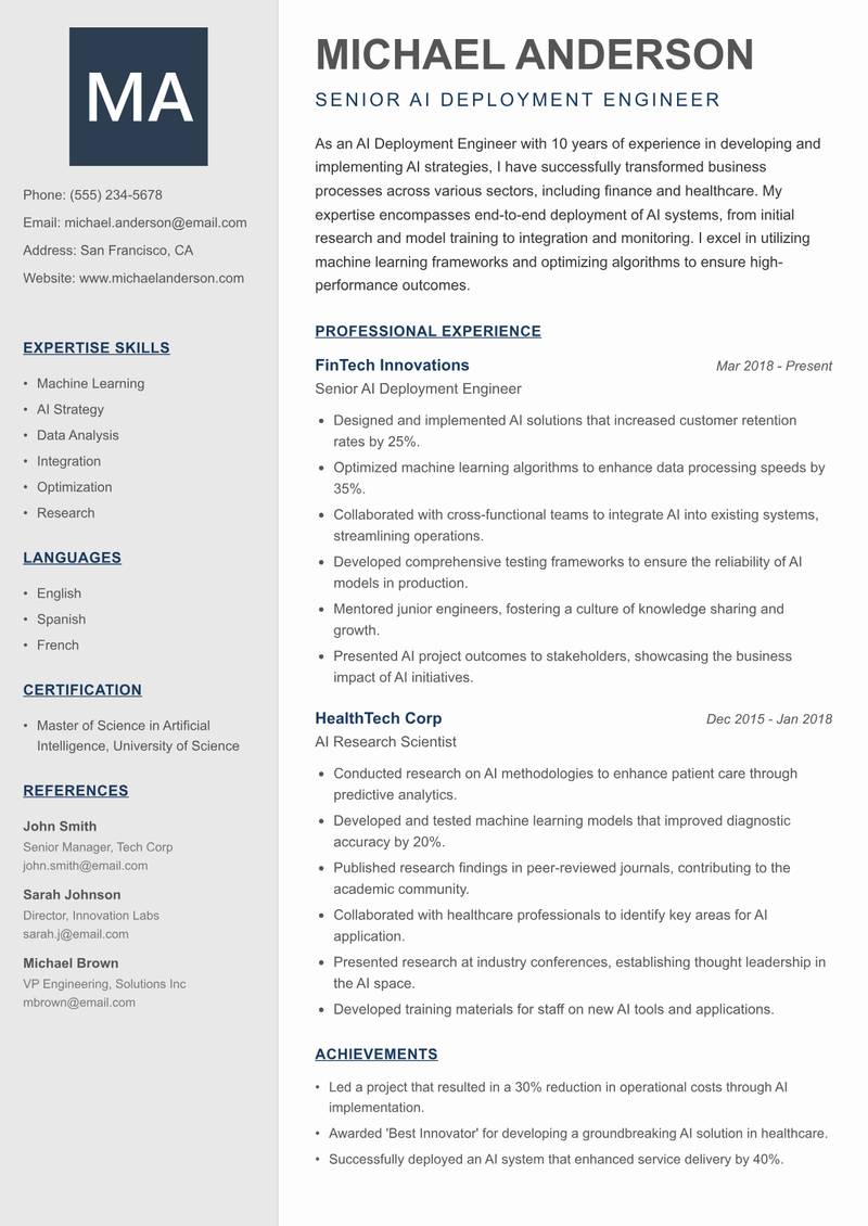 AI Deployment Engineer resume sample — Senior AI Deployment Engineer focus