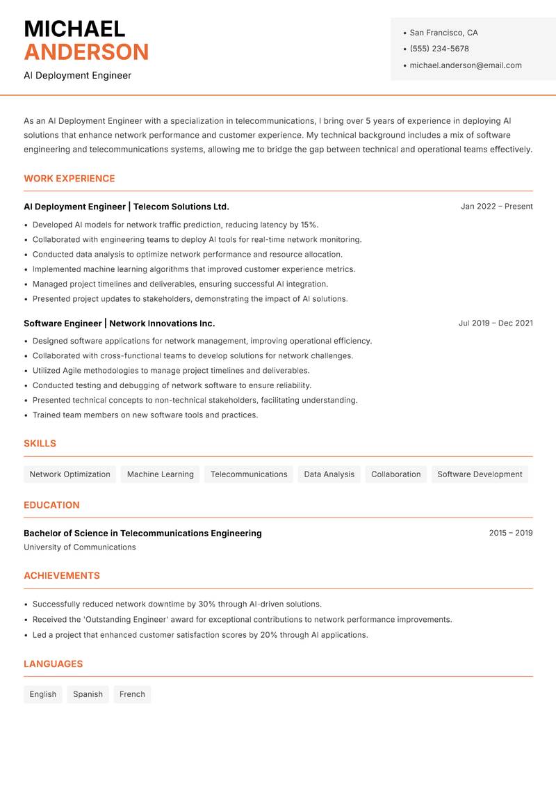 AI Deployment Engineer resume sample — AI Deployment Engineer focus