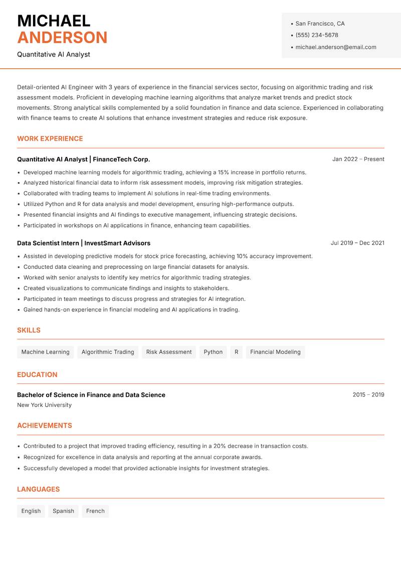 AI Engineer resume sample — Quantitative AI Analyst focus