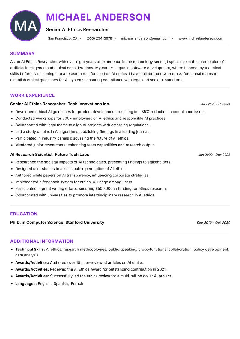 AI Ethics Researcher resume example