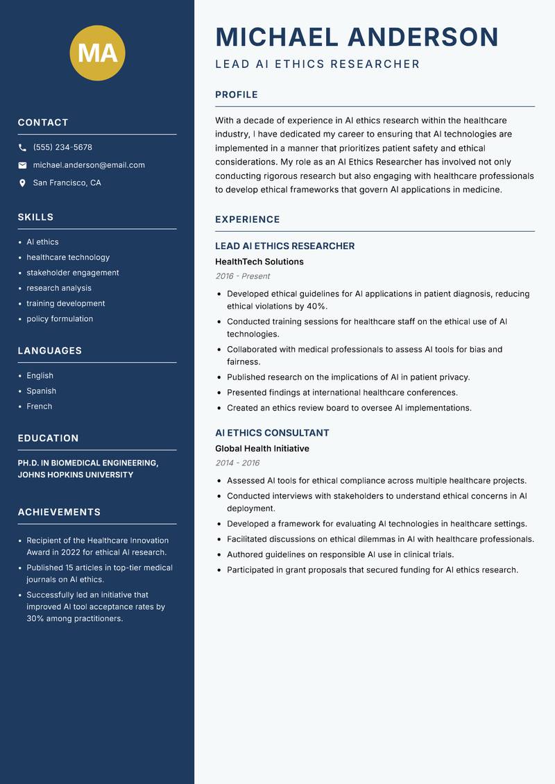 AI Ethics Researcher resume sample — Lead AI Ethics Researcher focus