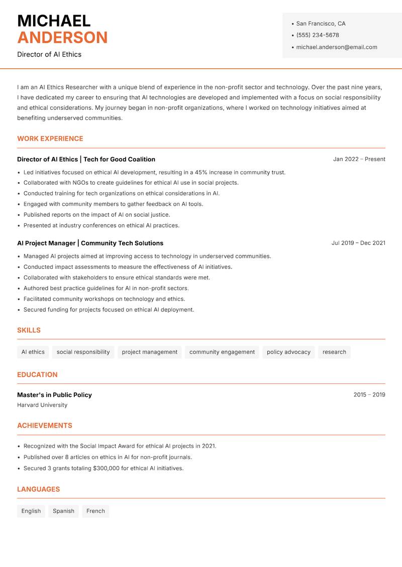 AI Ethics Researcher resume sample — Director of AI Ethics focus