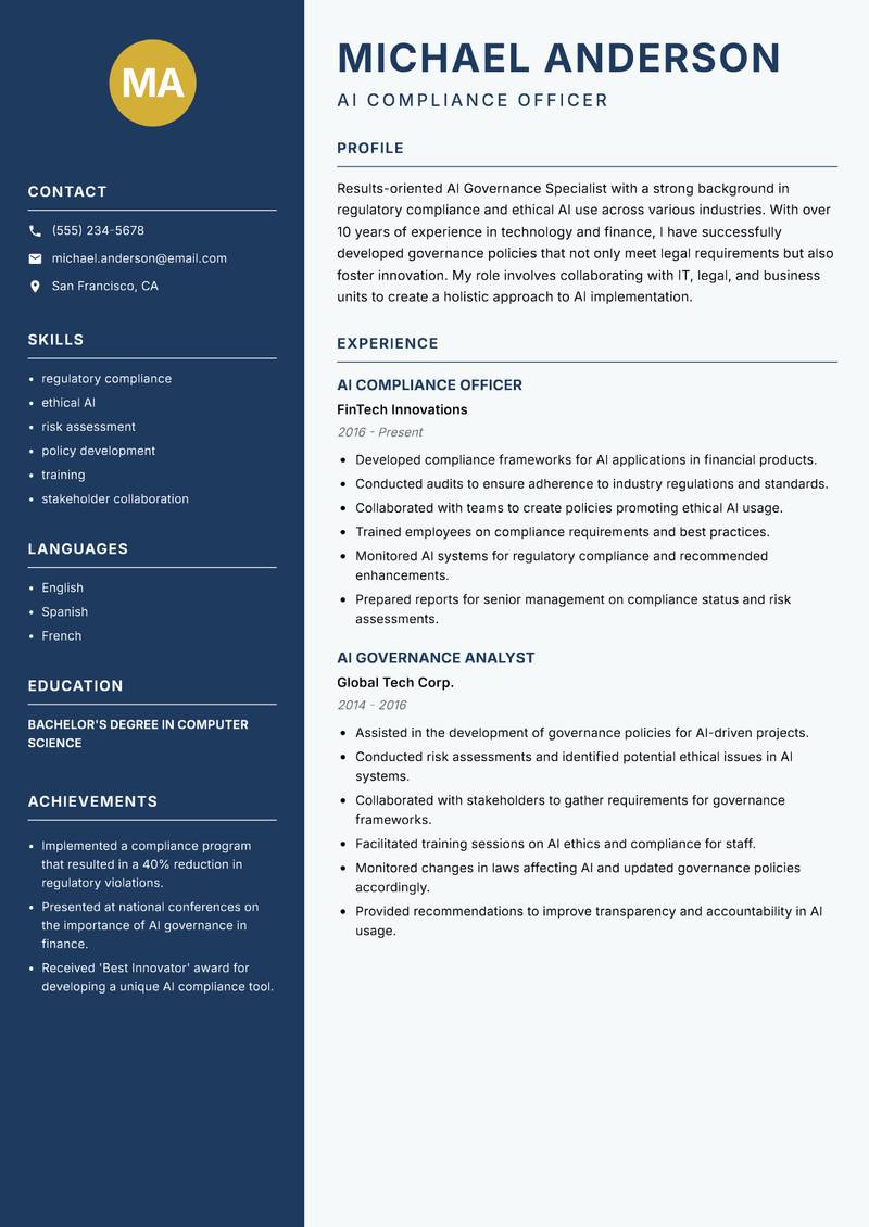 AI Governance Specialist resume sample — AI Compliance Officer focus