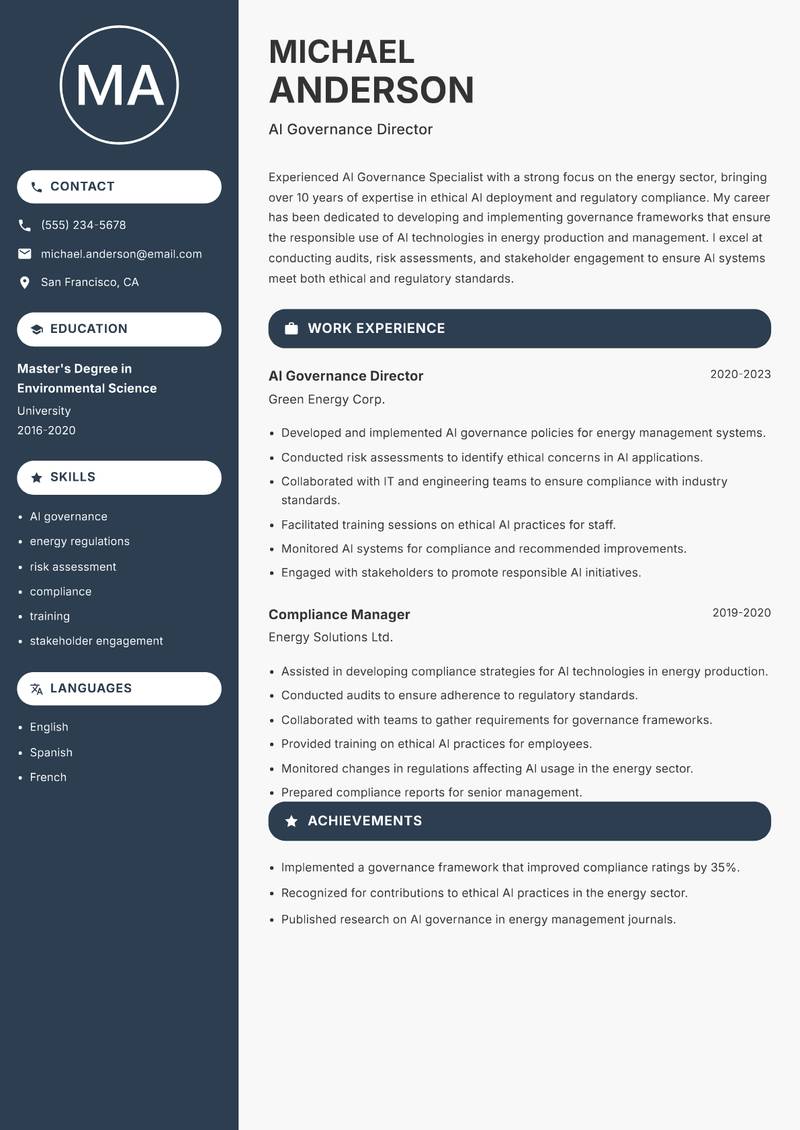 AI Governance Specialist resume sample — AI Governance Director focus