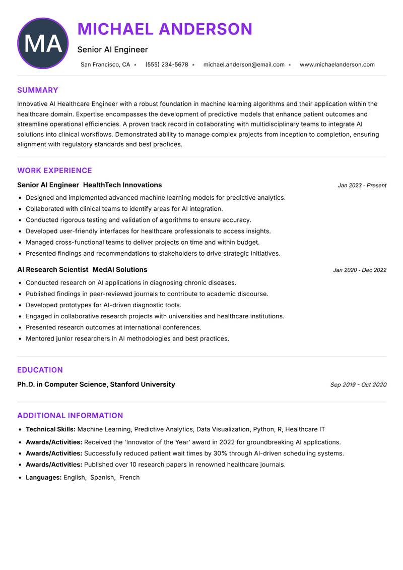 AI Healthcare Engineer resume example — Health Technology