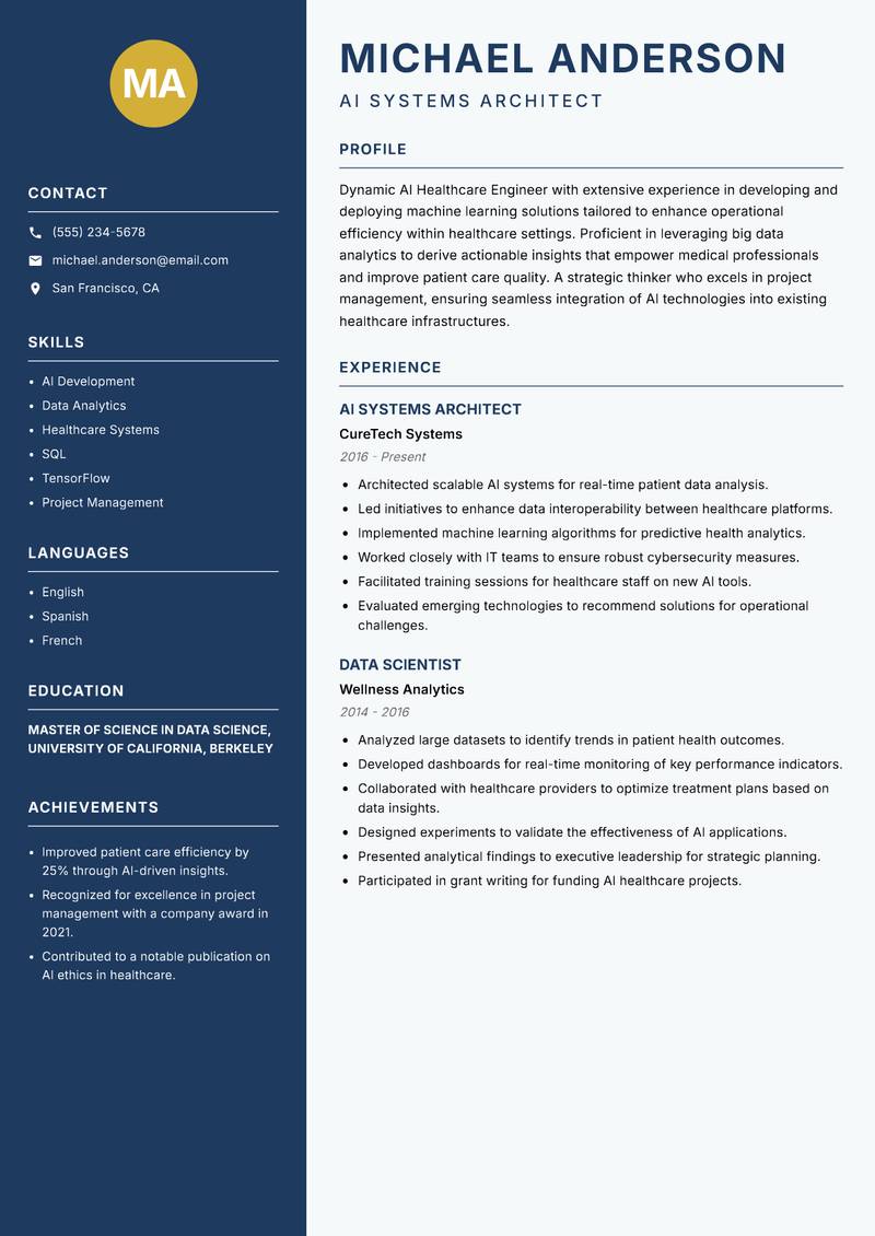 AI Healthcare Engineer resume sample — AI Systems Architect focus
