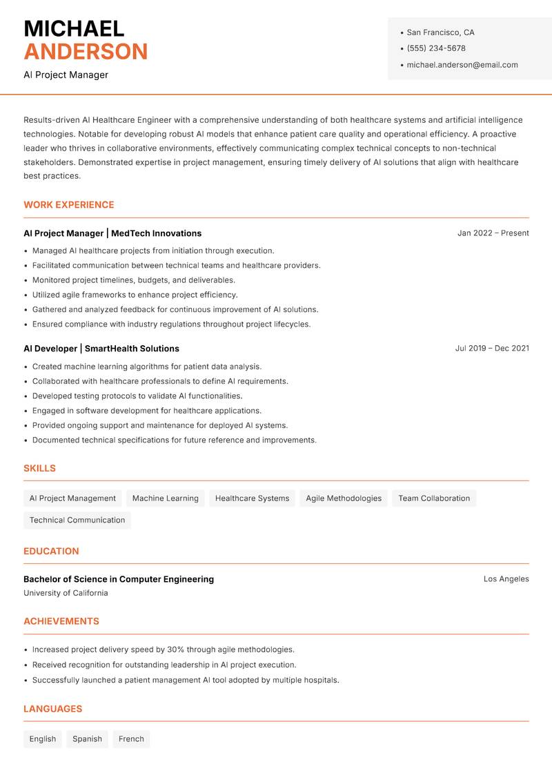 AI Healthcare Engineer resume sample — AI Project Manager focus