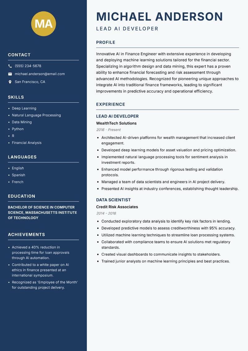 AI in Finance Engineer resume sample — Lead AI Developer focus
