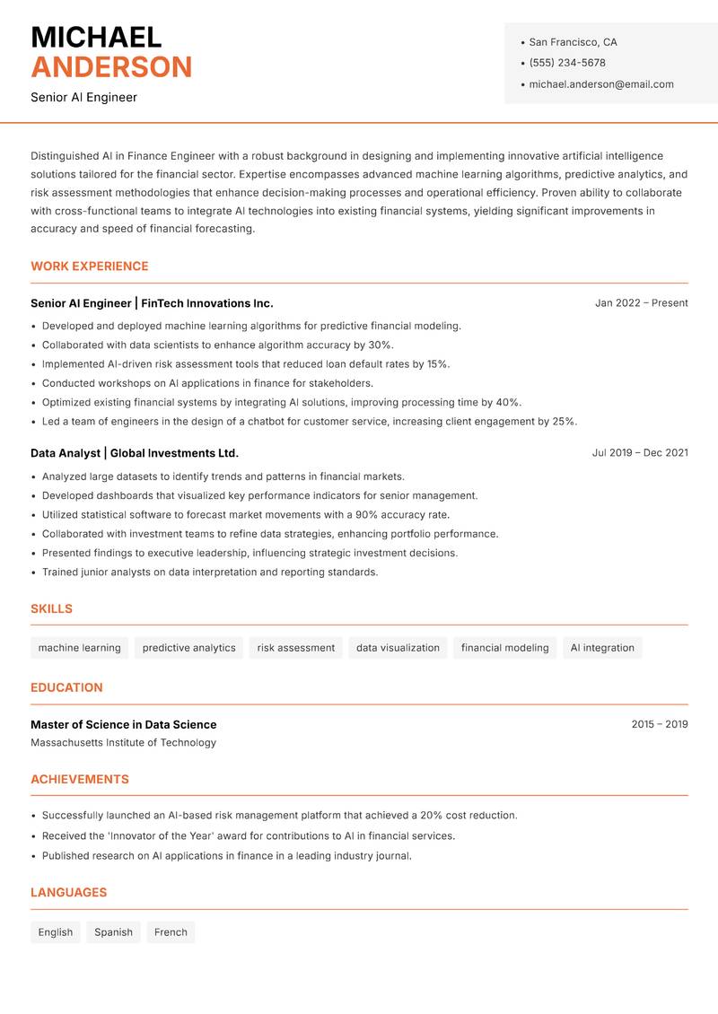 AI in Finance Engineer resume sample — Senior AI Engineer focus