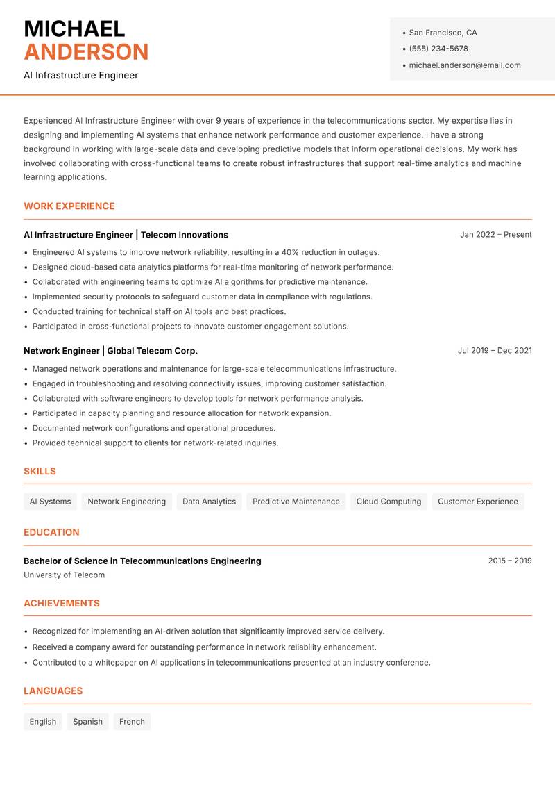 AI Infrastructure Engineer resume sample — AI Infrastructure Engineer focus