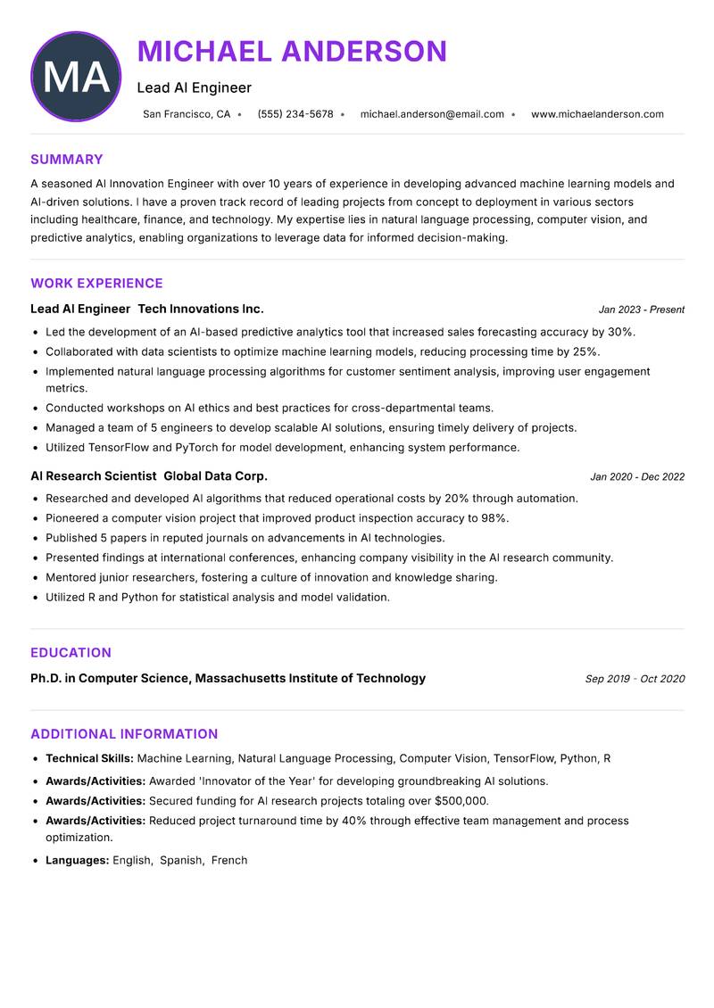 AI Innovation Engineer resume example