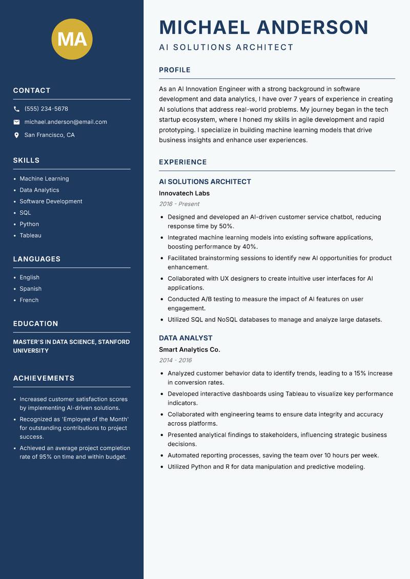 AI Innovation Engineer resume sample — AI Solutions Architect focus