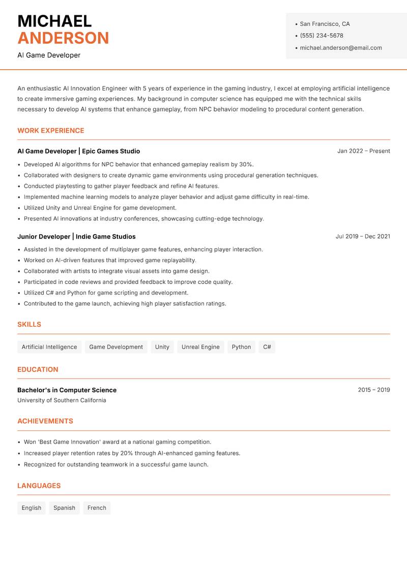AI Innovation Engineer resume sample — AI Game Developer focus
