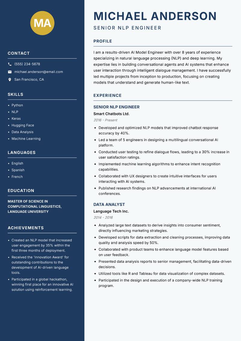 AI Model Engineer resume sample — Senior NLP Engineer focus