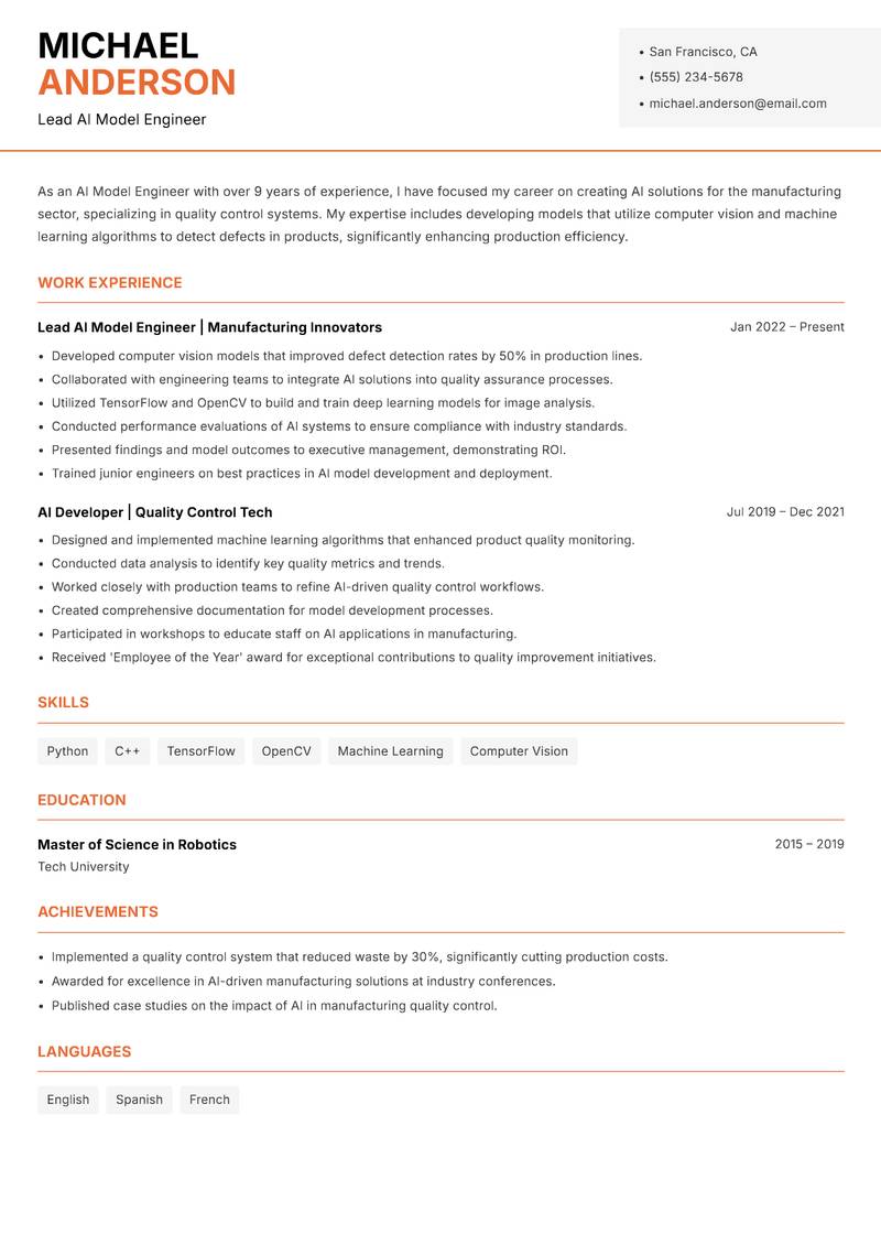AI Model Engineer resume sample — Lead AI Model Engineer focus