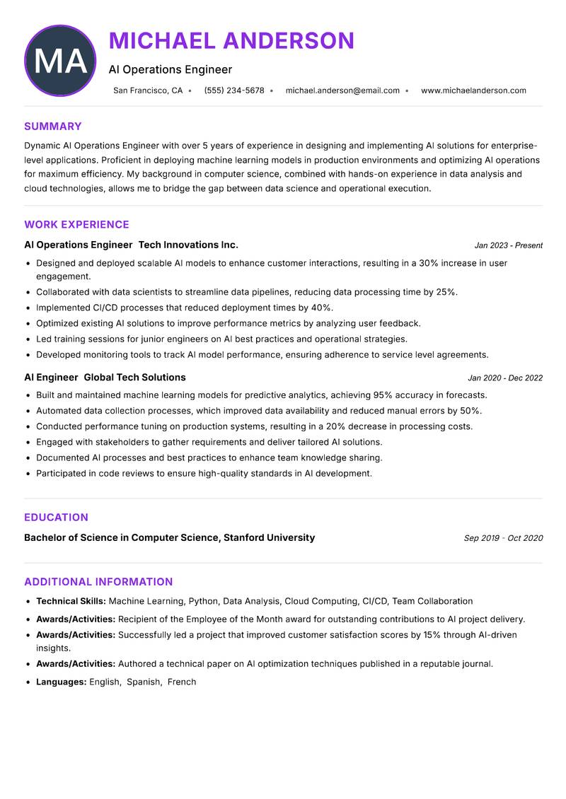 AI Operations Engineer resume example