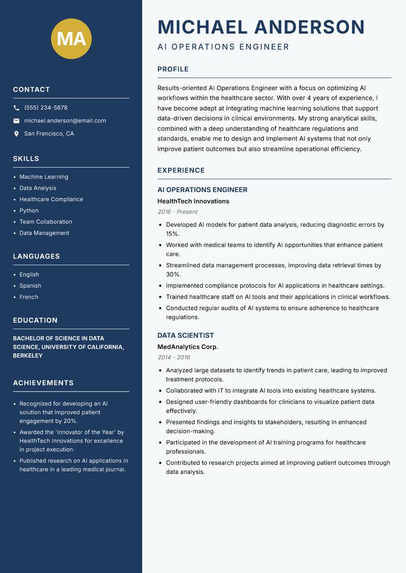 AI Operations Engineer resume sample — AI Operations Engineer focus