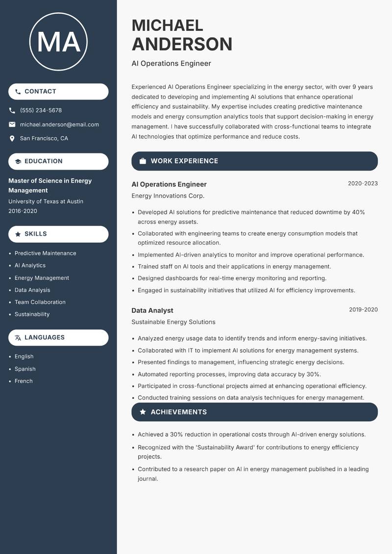 AI Operations Engineer resume sample — AI Operations Engineer focus