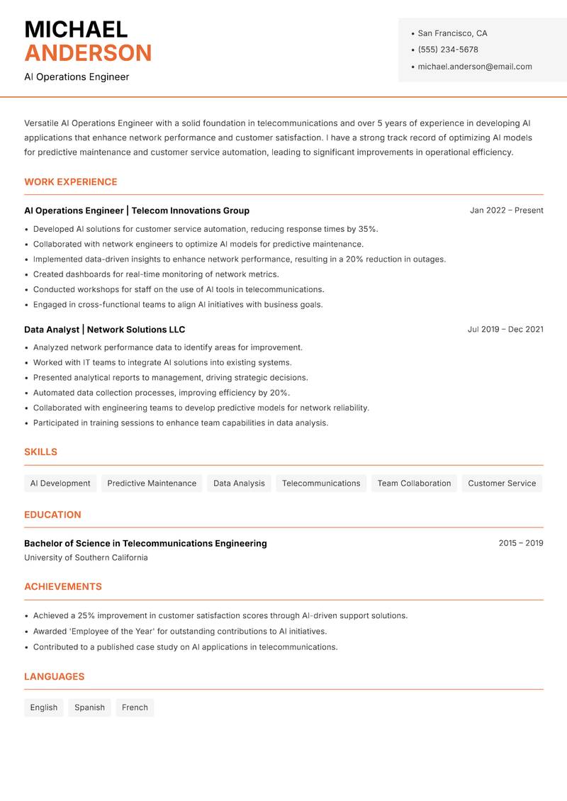 AI Operations Engineer resume sample — AI Operations Engineer focus